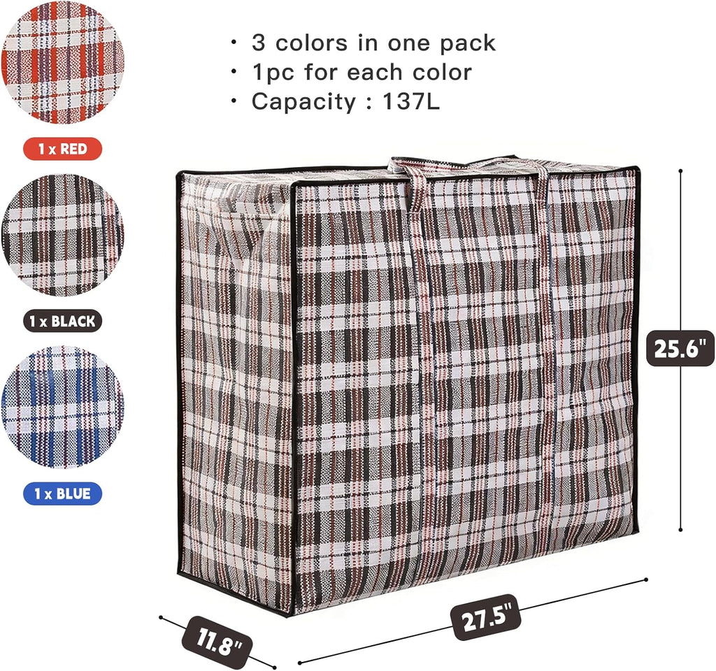 3 Pack 137L Large Moving Bags - Durable Zipper & Wrap-Around Handle