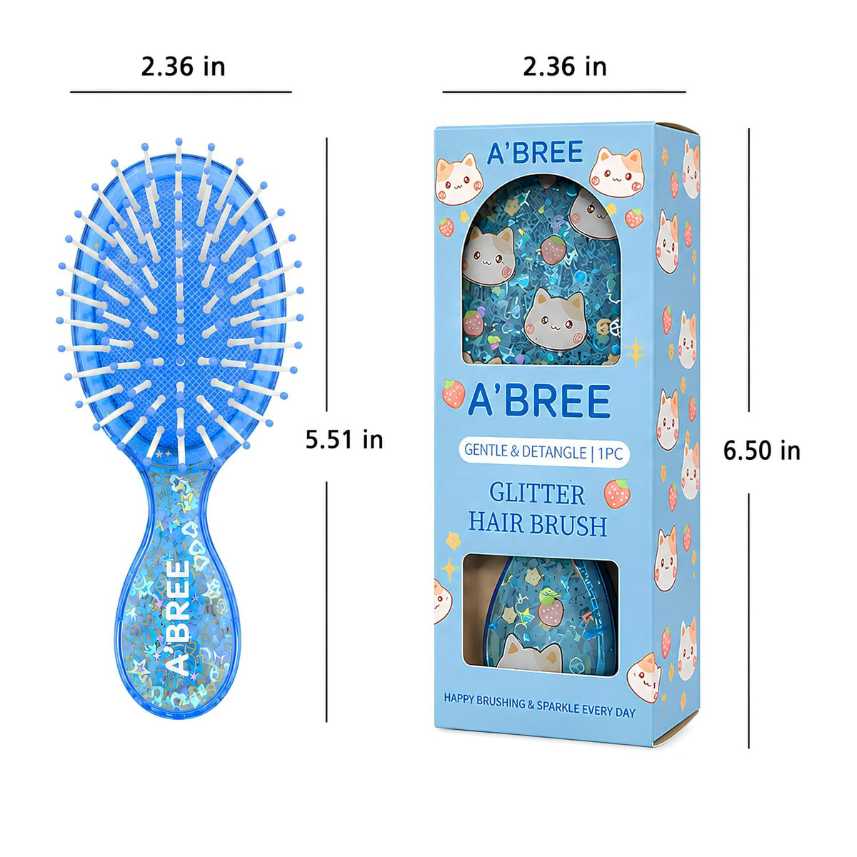 A'BREE Mini Glitter Detangling Hair Brush for Kids Girls Women – Gentle Wet and Dry Hairbrush, Travel Sized Tangle Free Knot Tamer for Toddler, Adorable Character Glitter Design (Ocean Blue)