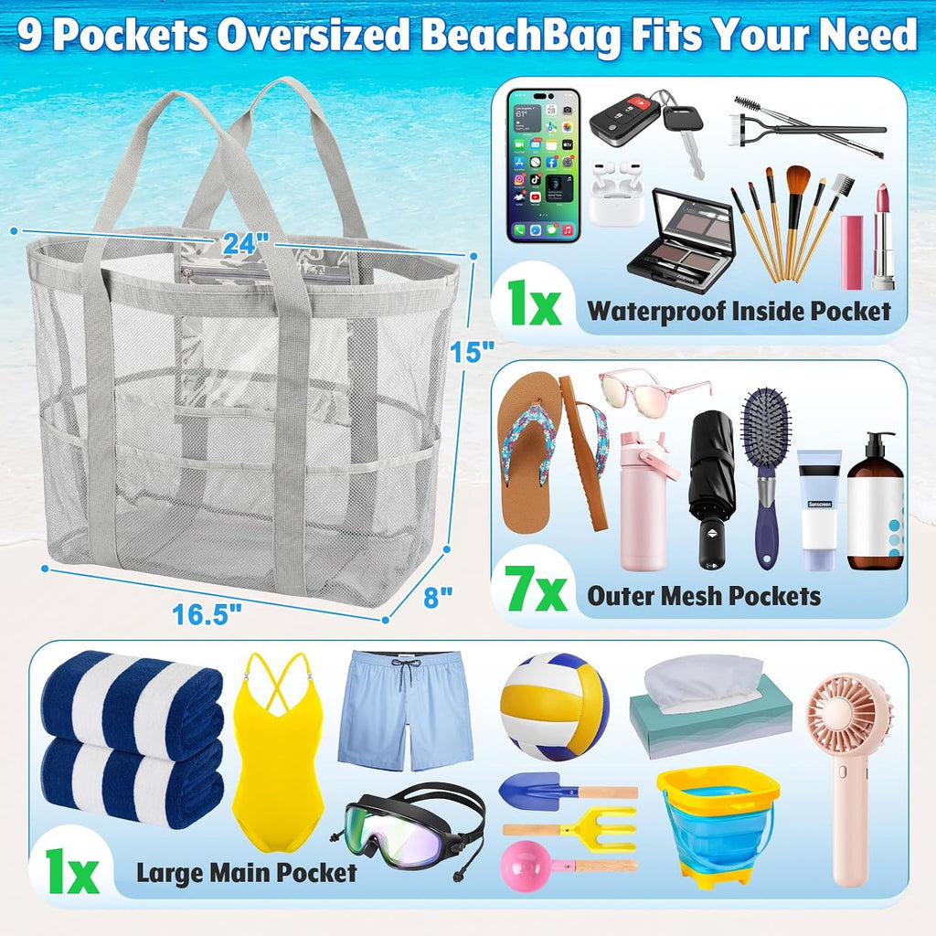 Large Beach Bag for Women, Mesh Beach Tote with Waterproof Pocket, Quick Dry Swim Tote Bag for Family Travel Vacation