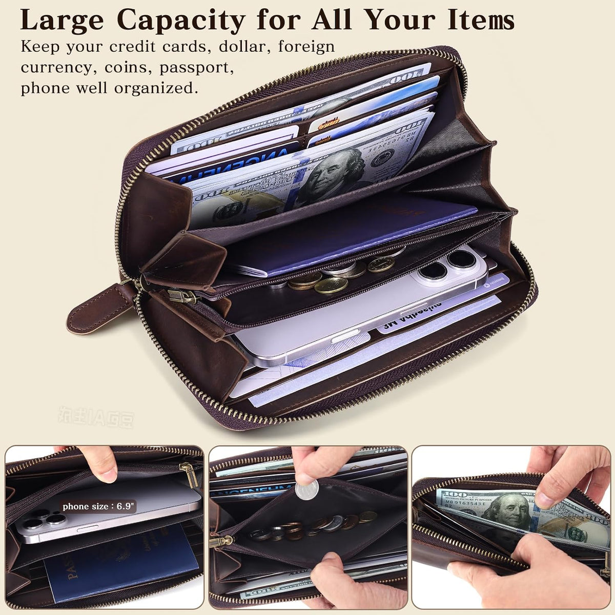 VISOUL Long Zip Around Pouch Wallet for Men Crazy Horse Leather with RFID Blocking, Large Clutch Cash Long Travel Wallet with 12 Card Slots-Coffee