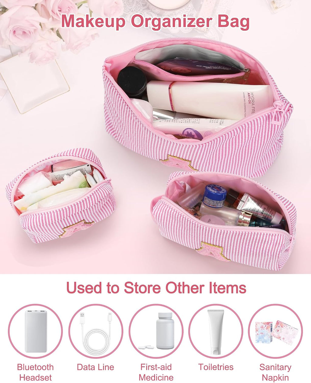 MONSTINA Personalized Initial Makeup Bag 3-piece Set for Women Teen Girls