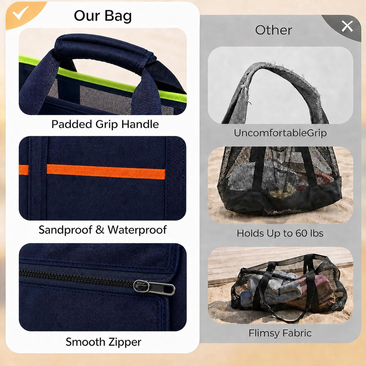 UBasic UBsic Mesh Beach Bag with Zipper Large Tote Foldable Mesh Travel Bag