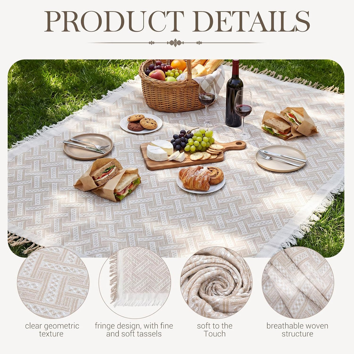 1 Pack White Coffee Extra Large Picnic Blanket, 71 x 91 Inches