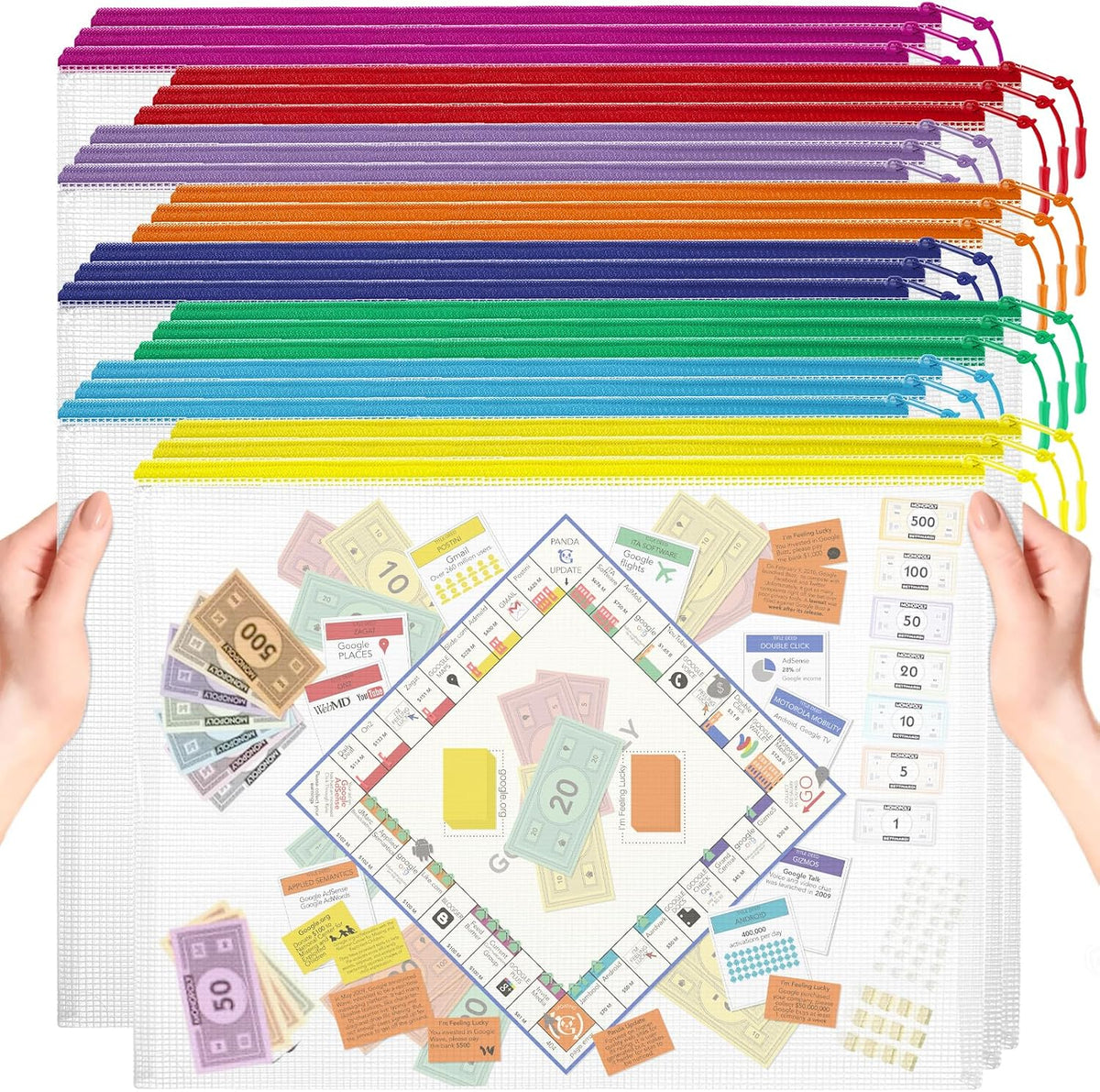 24pcs Mesh Zipper Pouch, Puzzle Storage Bags, A3 17x12 Inches Large Reusable Zipper Pouches for for Classroom Office Supplies Organizing, Extra Large Zipper Bags, Board Game Storage