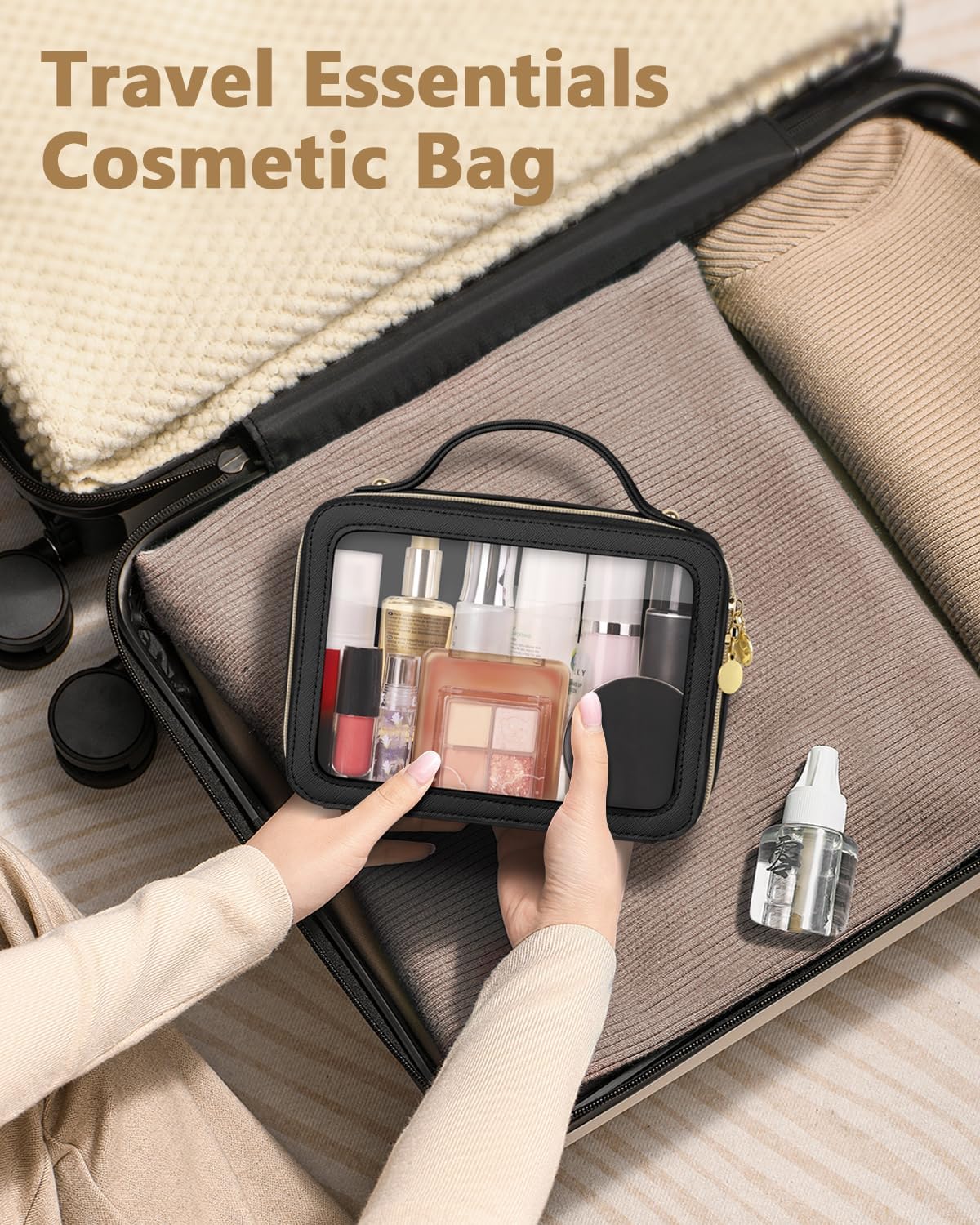 Soimeat Clear Makeup Bag, Portable Travel Cosmetic Bags, Multipurpose Leather Toiletry Bag with Zipper, Waterproof Transparent Cosmetic Organizer for Women, Medium, Black