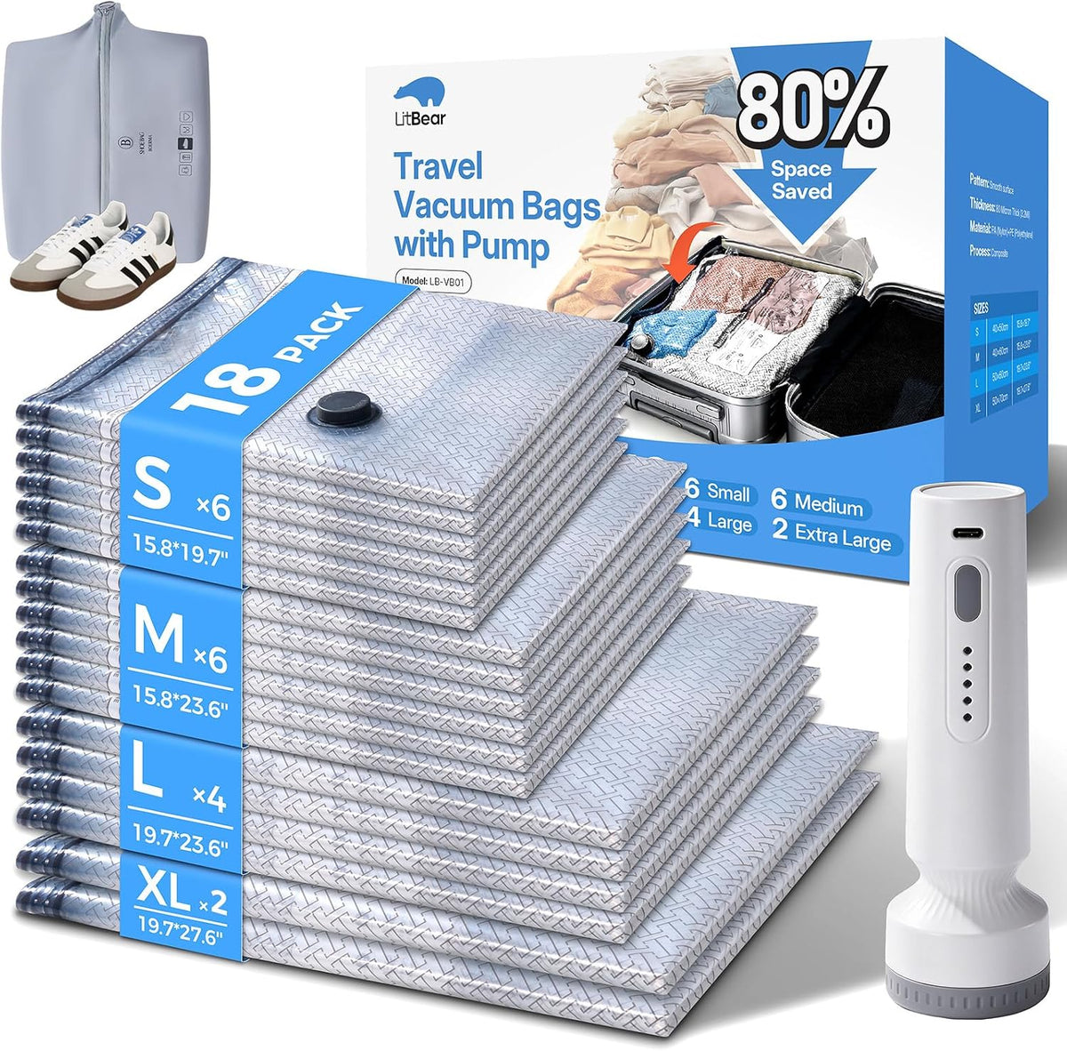 Litbear Travel Vacuum Bags with Cordless Electric Pump, 18 Pack 4 Sizes