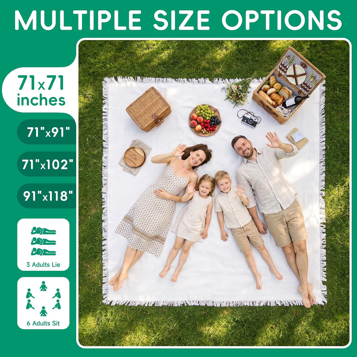RYCHIC Extra Large Outdoor Boho Picnic Blanket Summer Woven Beach Mat Rectangle Tablecloth White Table Clothes XL Essentials Beach Accessories Garden Party Decor Patio Park Lawn Grass Ground Festival