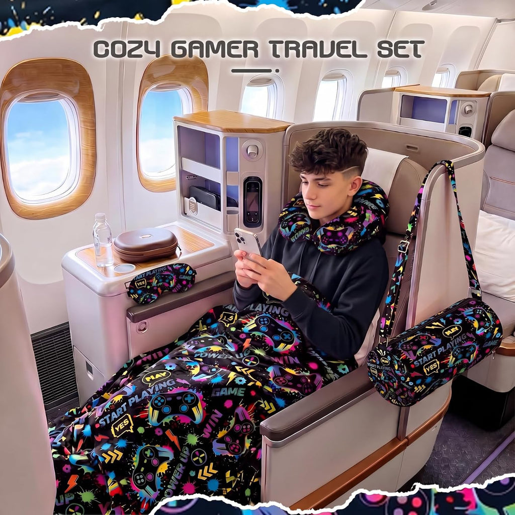 Moukeren 4 Pcs Video Game Travel Pillow and Blanket Set for Kids, Black