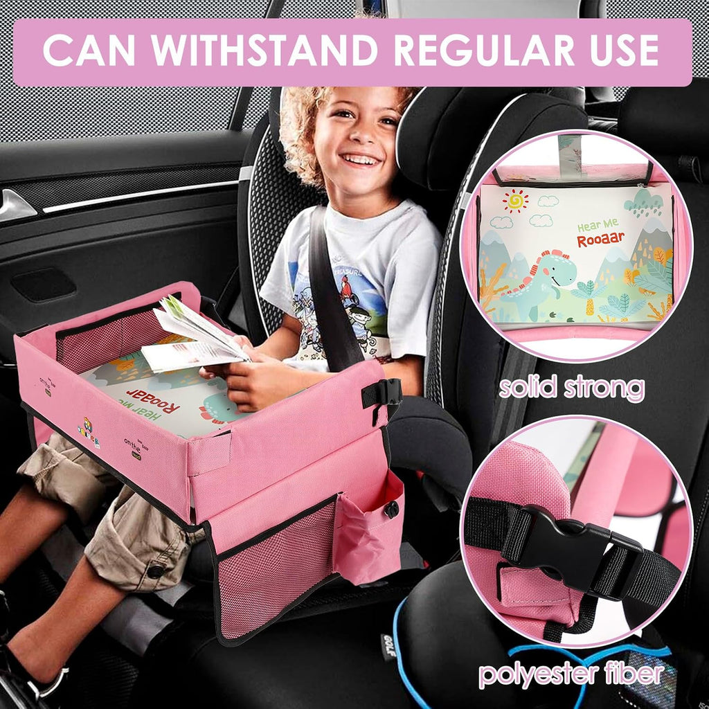 Kids Travel Tray for Toddler Car Seat, Toddler Car Seat Lap Tray, Car Seat Organizer Toddler, Car Lap Desk Table with Storage Pocket, Kids Active Eating Tray for Road Trip, Airplane, Stroller (PINK)