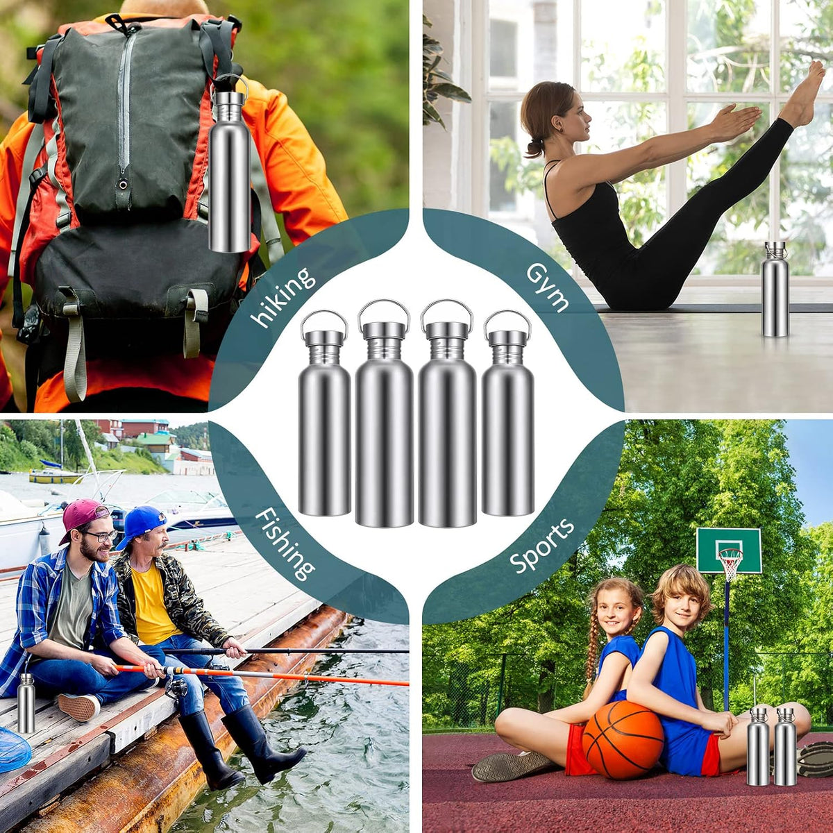 CHENGU 4 Pack Single Wall Stainless Steel Water Bottles 304 18/8 Metal Teachers Gift Water Bottle Camping Bottles for Summer Sports, Cyclists, Runners(Silver,34 oz)