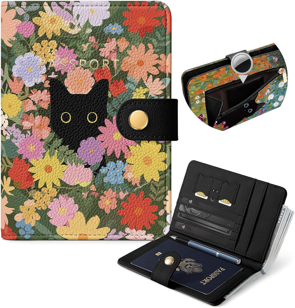 Slohif RFID Passport Holder for Travel with Airtag Hidden Slot Playful Cat