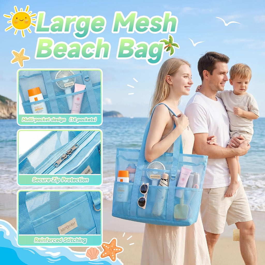 Iridescent Mesh Beach Bag with Zipper, 14 Pockets Large Beach Tote Bag