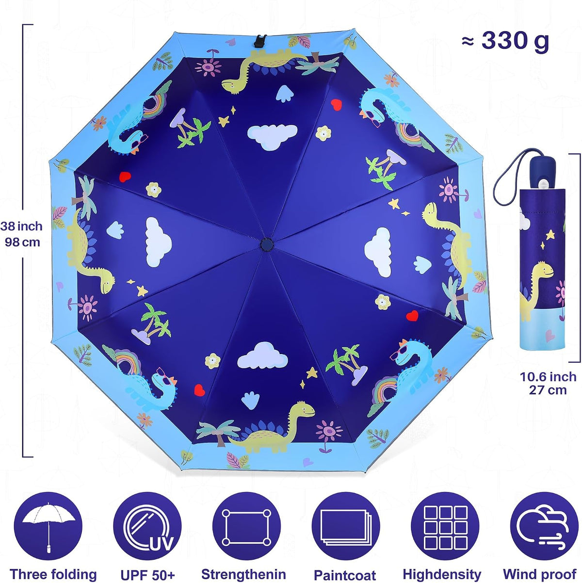Kids Umbrella for Girls & Boys, Foldable Telescopic Cute Umbrella for Toddler with Auto Open/Close , Anti-UV Safe Design Children Travel Umbrellas 360° Reflective Strip, Compact & Lightweight & Durable Brolly