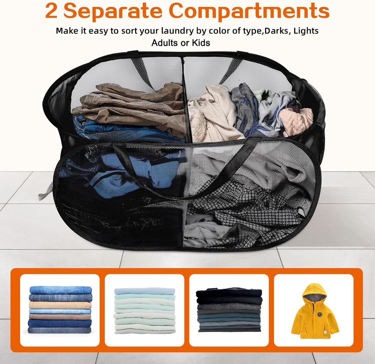 Foldable Laundry Baskets, Collapsible Mesh Laundry Hamper, Durable Pop Up Laundry Basket, 2 Compartments Clothes Hampers for Laundry, Easy to Carry & Sort for Dorm, Home, Kids Room, Travel Black