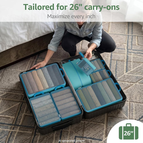 10 Set Compression Packing Cubes for Travel Essentials Suitcase, Mesh Collapsible Packing Cubes for 26 Inch Luggage, Expandable Travel Packing Organizers with Shoe Laundry Bag (Blue, 26")