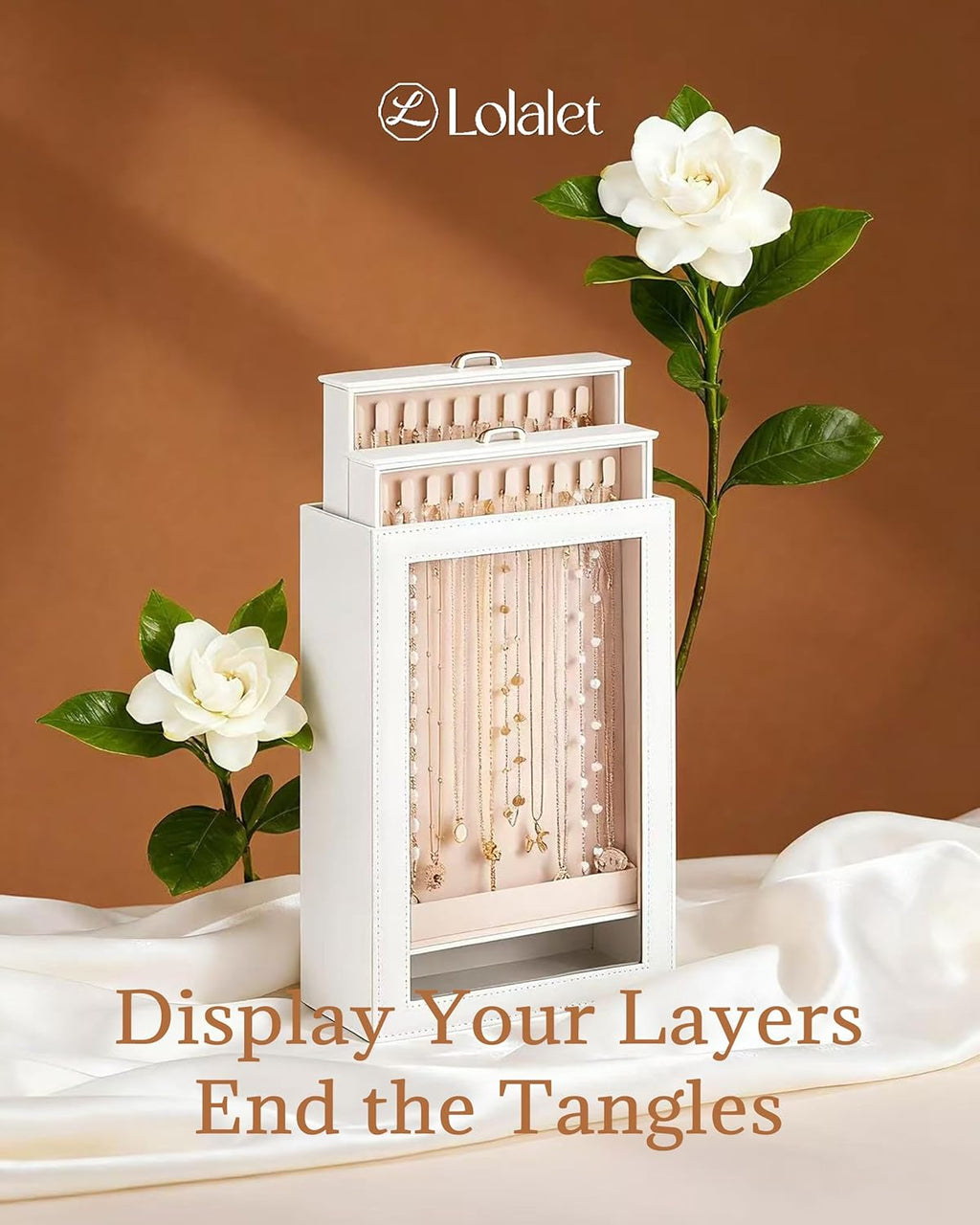 Lolalet Necklace Organizer Box, Jewelry Display Case, White, 2 Layers