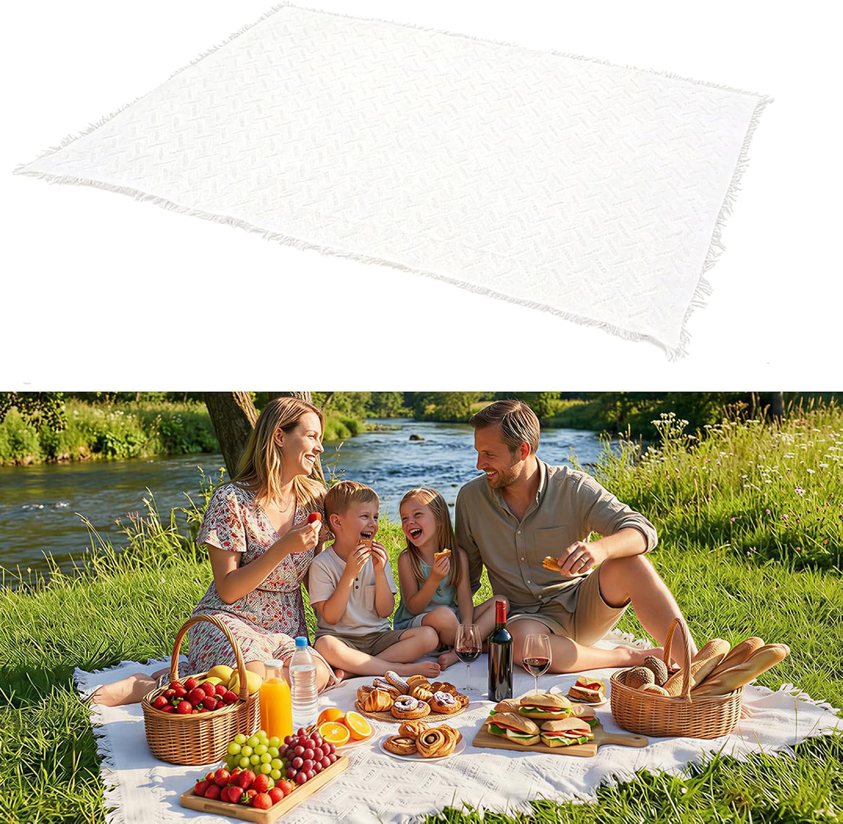 91 x 71 Inch Large White Picnic Blanket, Outdoor Picnic Blanket with Fringe, Soft Cotton Woven Blanket Picnic, Lightweight Foldable Blanket Picnic for Beach, Park, Camping (White Diamond Pattern)