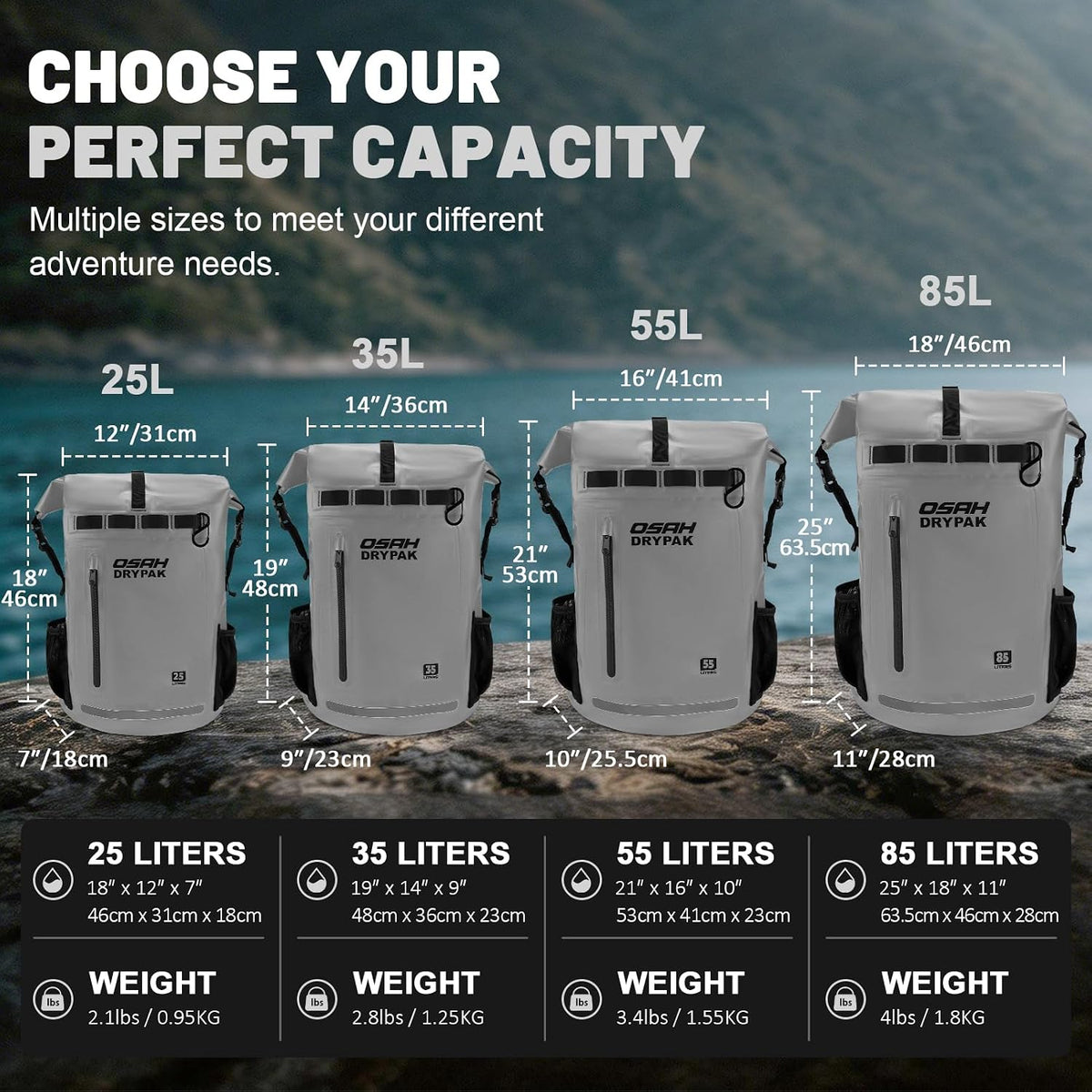 Waterproof Dry Bag Backpack 25L/35L/55L/85L, Roll-Top Heavy Duty Rucksack