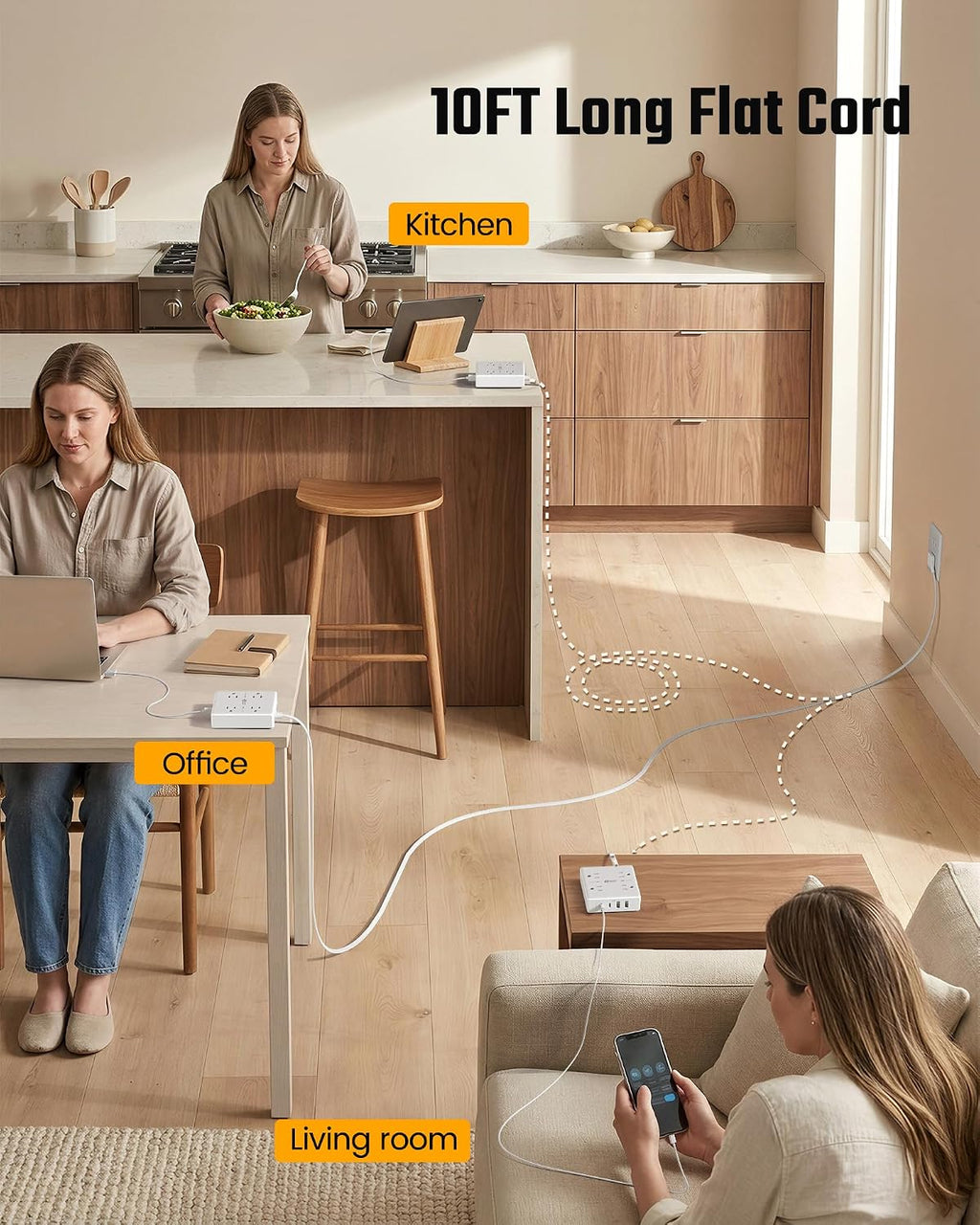 SUPERDANNY 10 Ft Long Extension Cord Flat Plug Power Strip Surge Protector