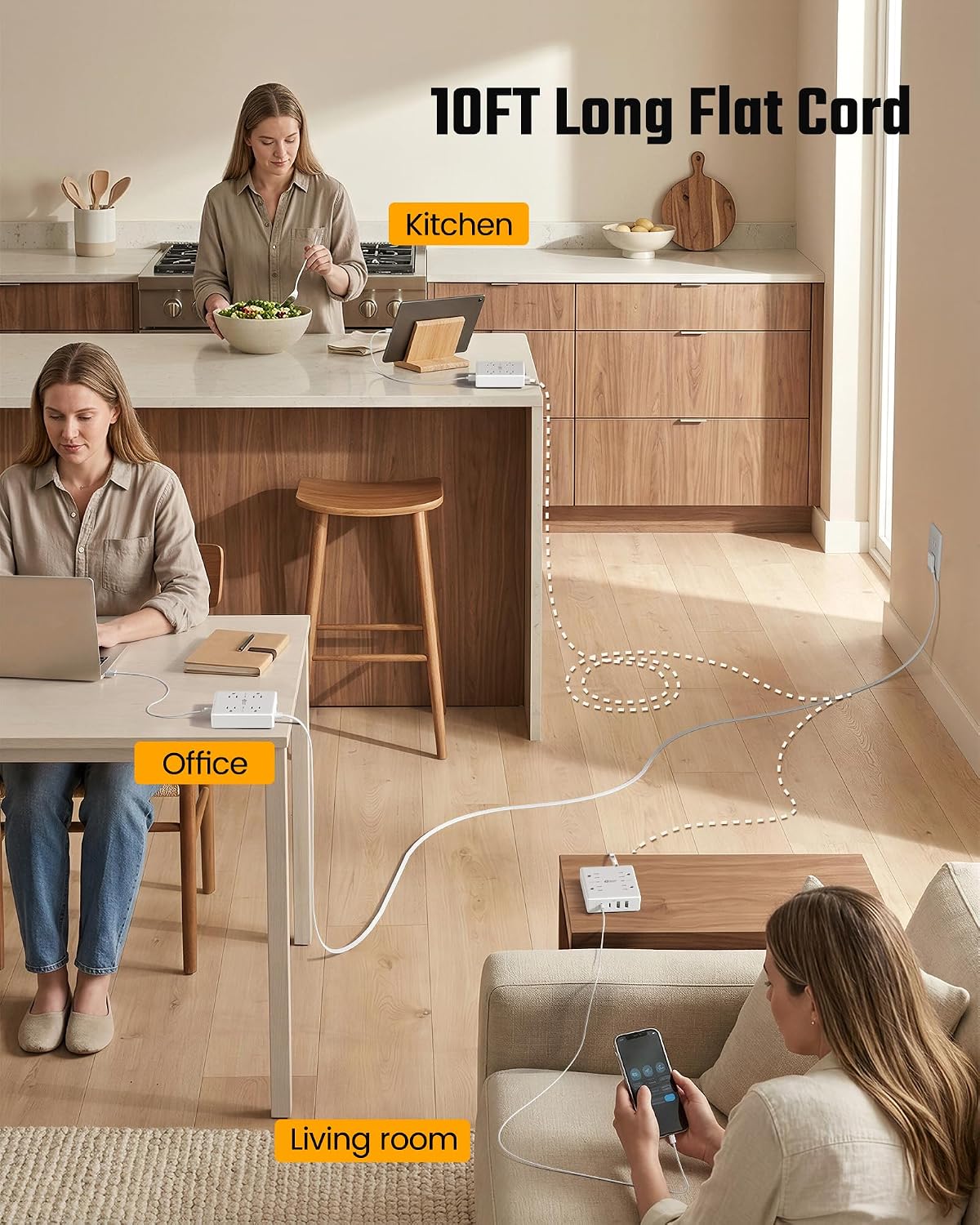 SUPERDANNY 10 Ft Long Extension Cord Flat Plug Power Strip Surge Protector
