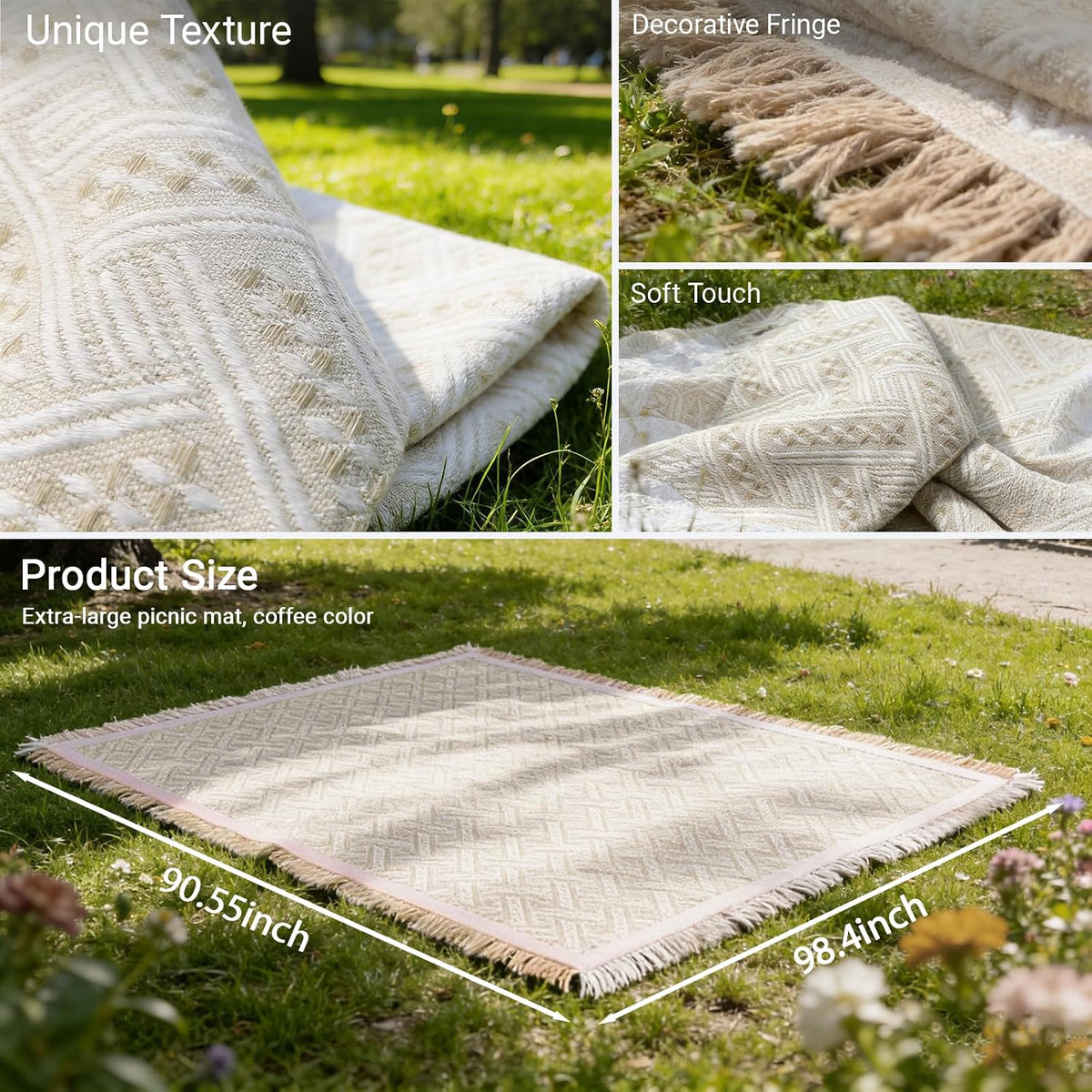 Boho Cotton Picnic Blanket, Beige 90×97 Inch Woven Outdoor Grass Mat