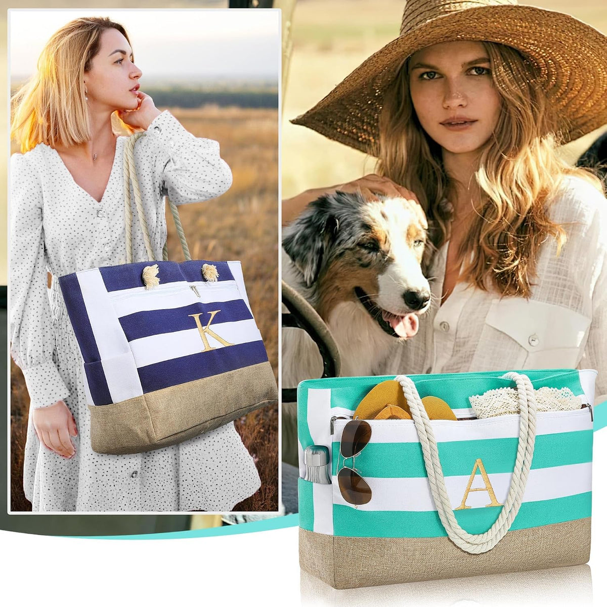 YOOLIFE Initial Beach Bag Waterproof Tote, Gifts for Women Her Birthday