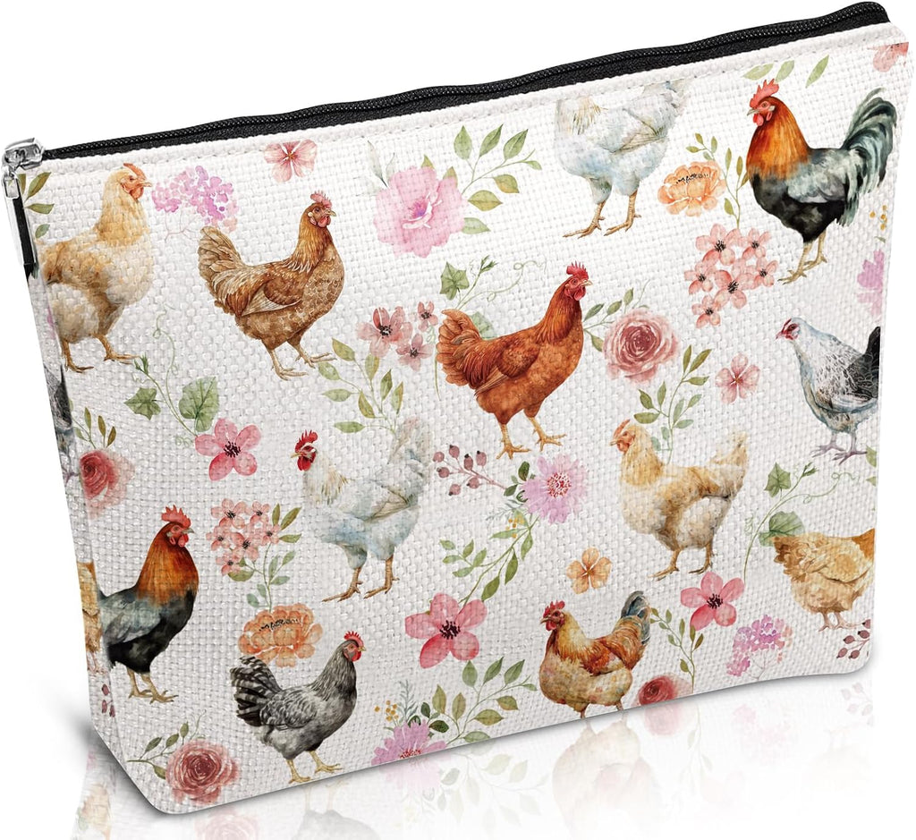 Chicken Lovers Gifts Makeup Bag Floral Chicken Cosmetic Bag with Zippers, Funny Farm Animal Gifts for Daughter Sister Mother Besties Friends Familes Birthday Christmas Valentines Presents