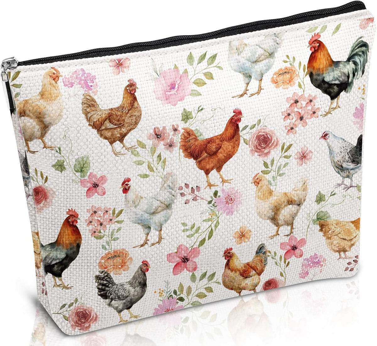 Chicken Lovers Gifts Makeup Bag Floral Chicken Cosmetic Bag with Zippers, Funny Farm Animal Gifts for Daughter Sister Mother Besties Friends Familes Birthday Christmas Valentines Presents
