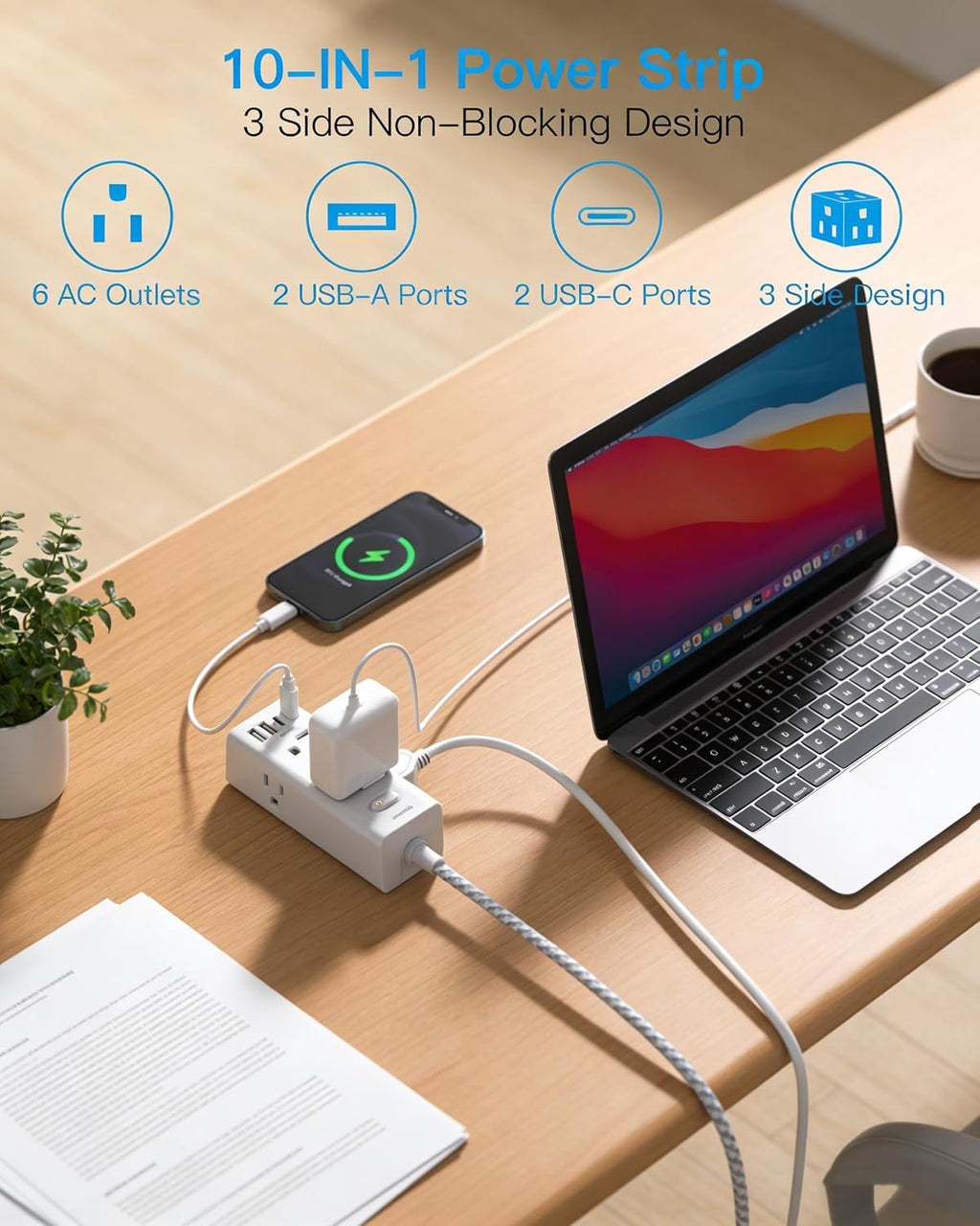 One Beat Surge Protector Power Strip, 6 Ft Flat Plug Extension Cord, 900J