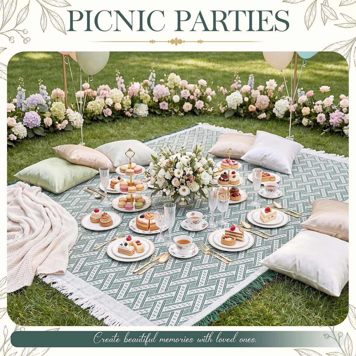 1 Pack White Green Extra Large Picnic Blanket, 71 x 91 Inches