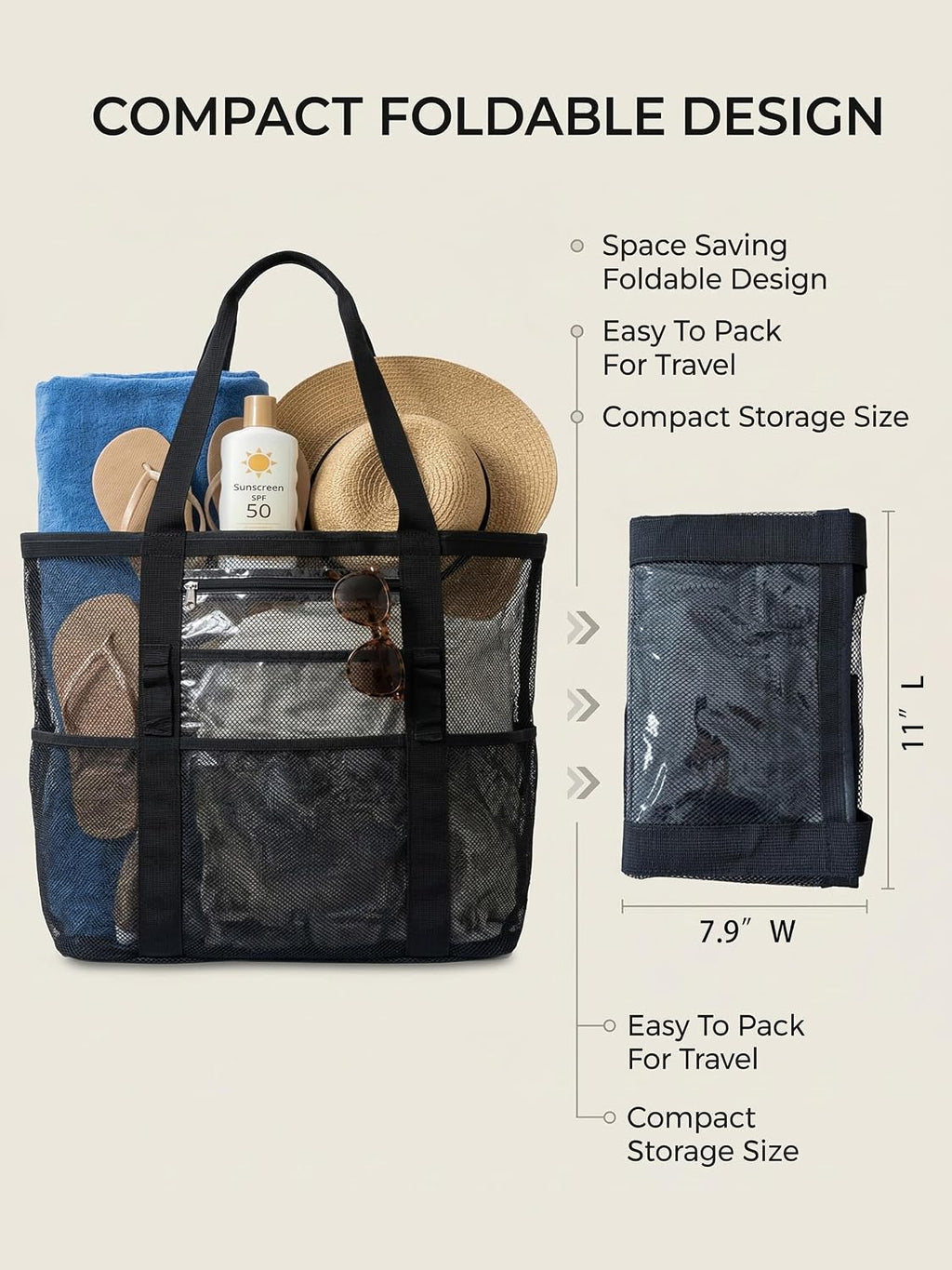 Mesh Beach Bag with 9 Pockets for Family Pool Days and Travel