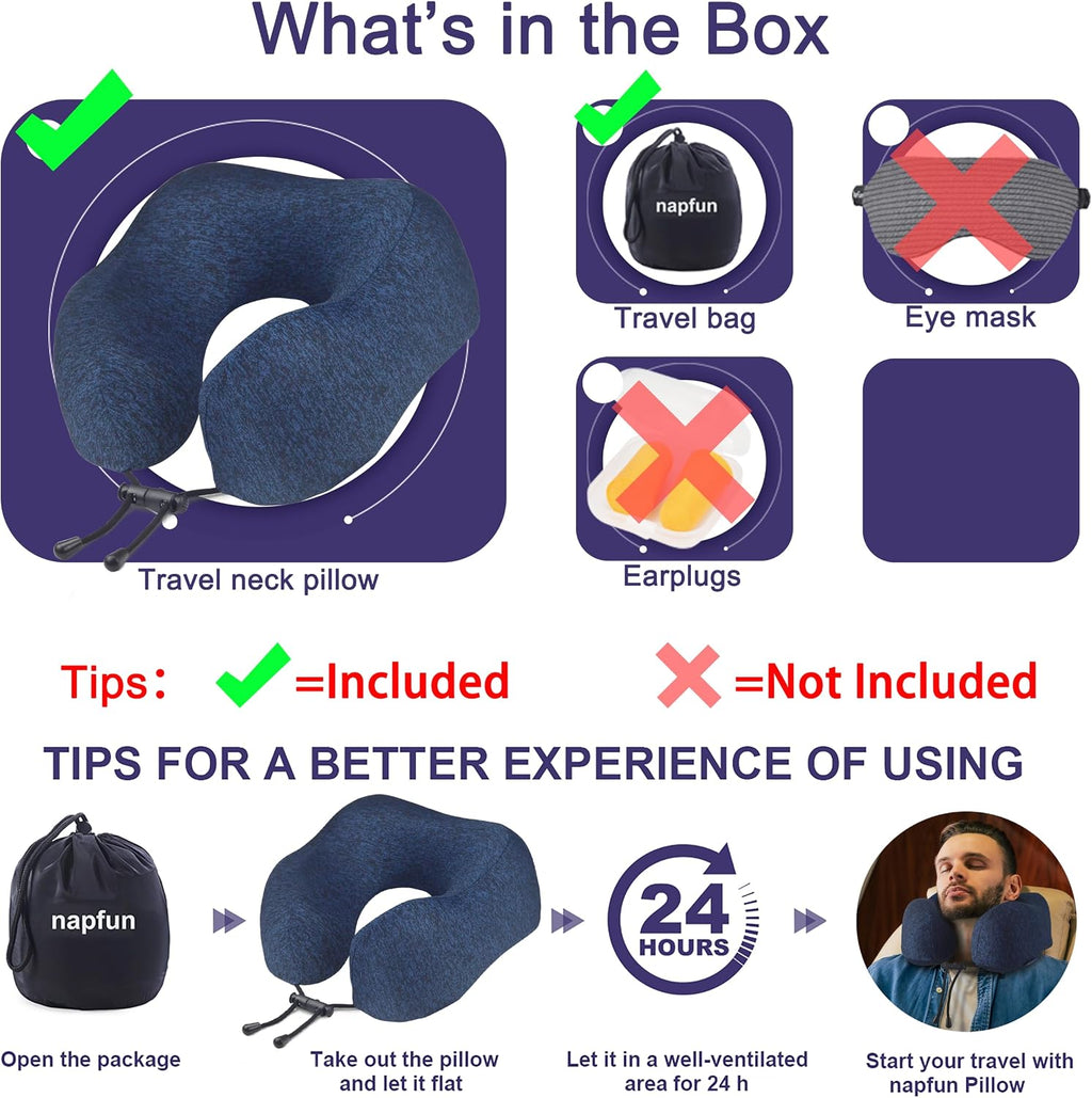 napfun Neck Pillow for Travel, Memory Foam Airplane Pillow, Full Dark Blue