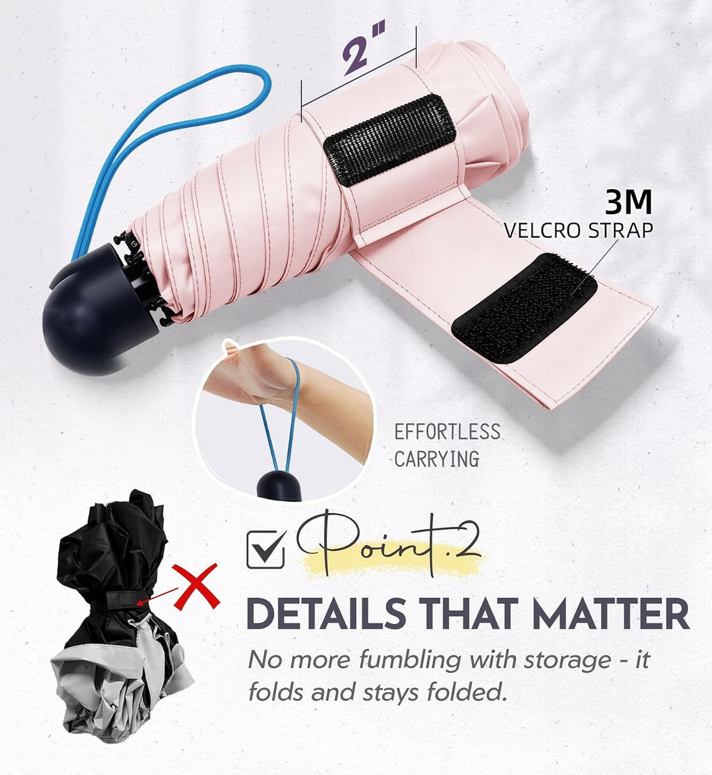 Umbrella Travel Size Mini Compact for Rain, UPF 100+ UV Protection