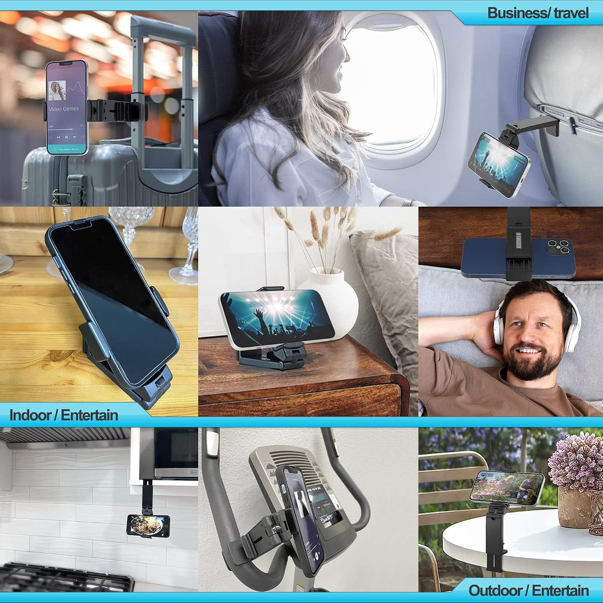Travel Accessories, Universal Seat Back Tray Table Phone Clip Holder, Adjustable Pocket Size Hands Free Phone Holder Airplane Travel Essentials Compatible with iPhone and Android