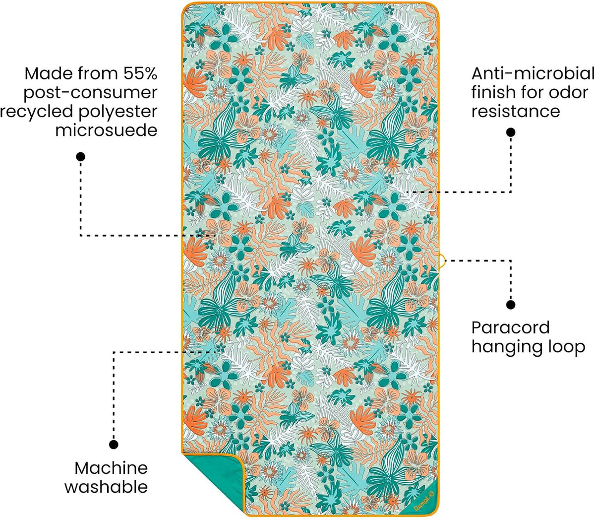 Rumpl Tech Towel, Quick-Dry for Travel, Beach, and Camp, Aqua Tropics