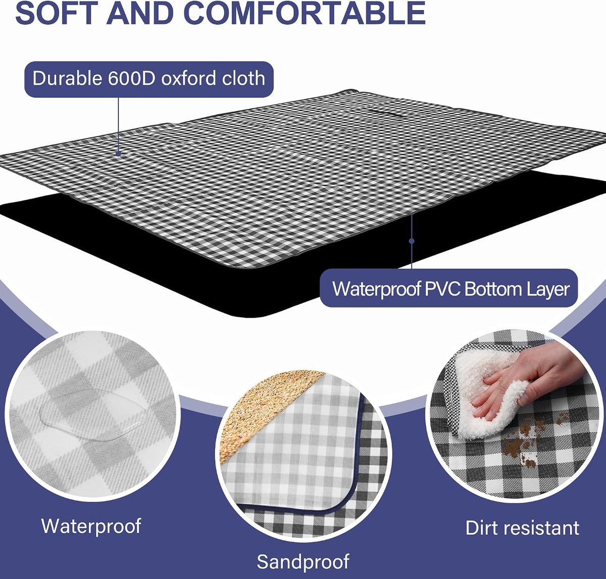 HX&OD Picnic Blanket Outdoor Extra Large Picnic Mat 80"X60" Camping Blanket Beach Blanket Foldable Waterproof Sand Mat Hiking Travel Family Concerts(Blue)