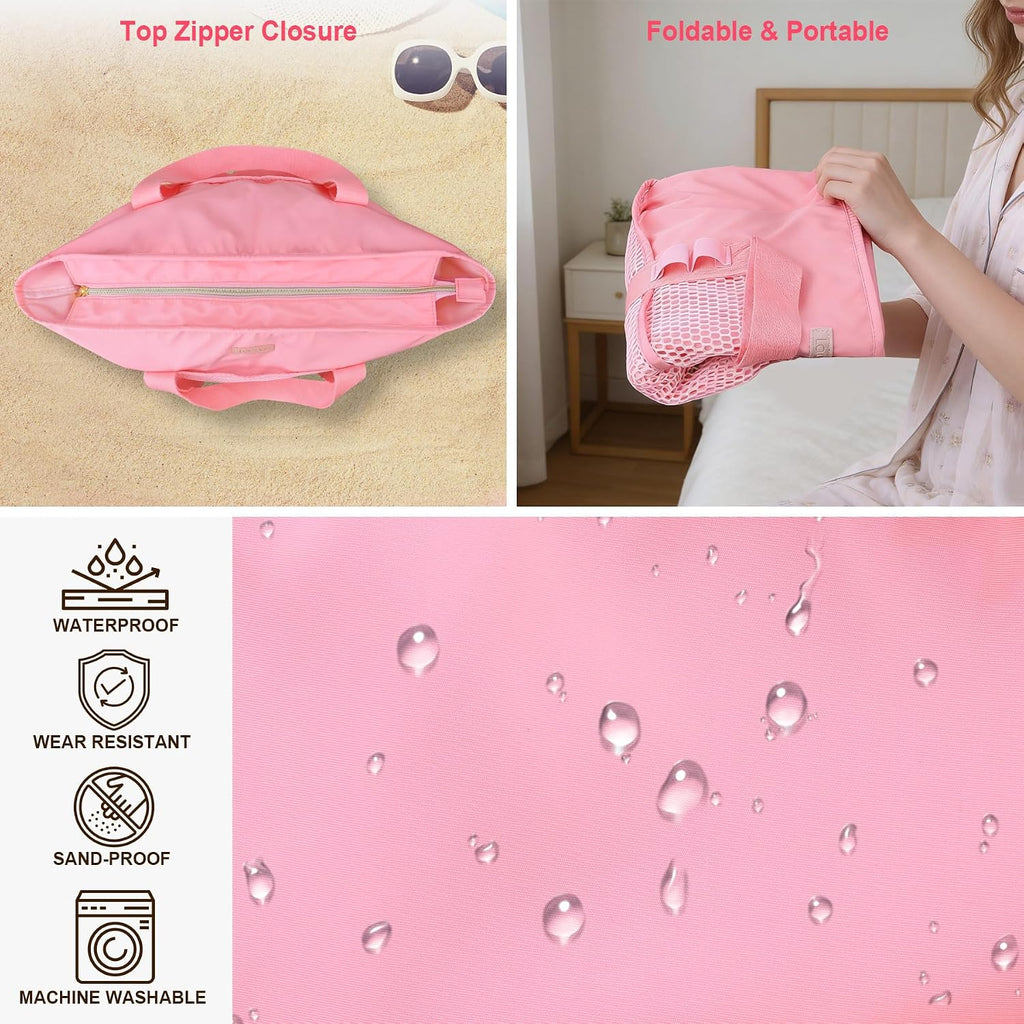 Lacdo Beach Bag for Women, Beach Tote Bag for Women, Waterproof Sandproof Foldable Pool Bag for Beach Vacation Pool Travel