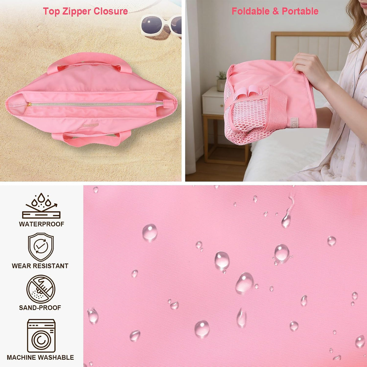 Lacdo Beach Bag for Women, Beach Tote Bag for Women, Waterproof Sandproof Foldable Pool Bag for Beach Vacation Pool Travel