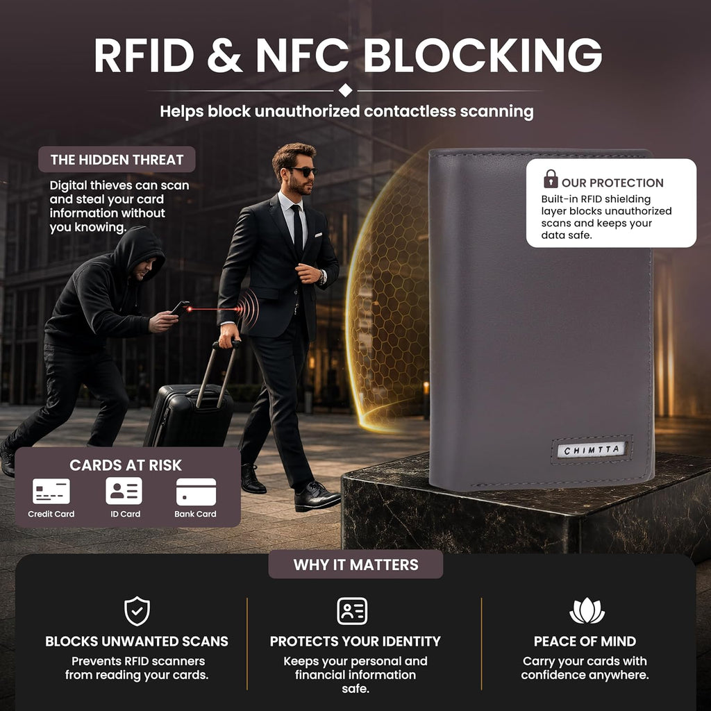 RFID Trifold Wallet for Men Genuine Napa Leather, Magnetic Closure