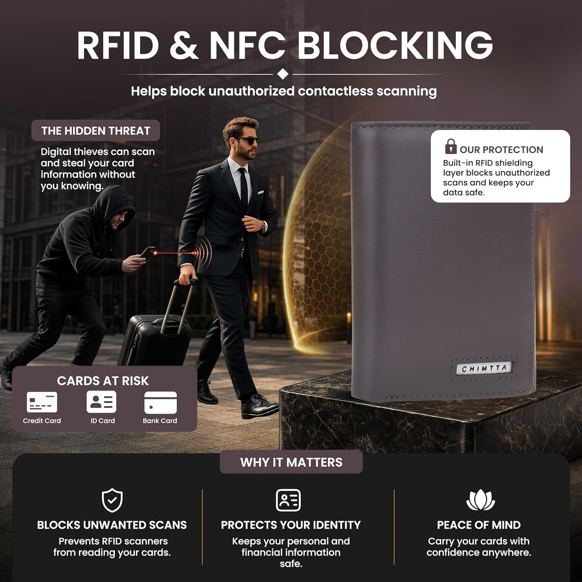 RFID Trifold Wallet for Men Genuine Napa Leather, Magnetic Closure