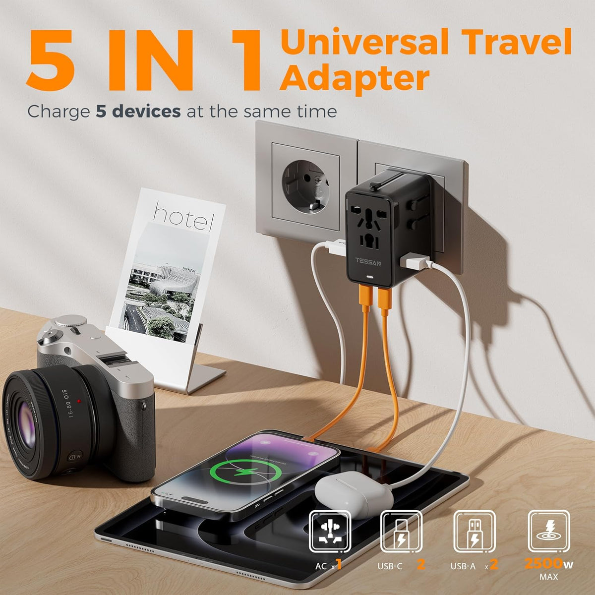 TESSAN Universal Travel Adapter, 65W International Power Adapter