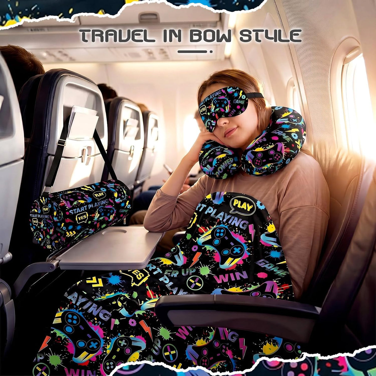 Moukeren 4 Pcs Video Game Travel Pillow and Blanket Set for Kids, Black