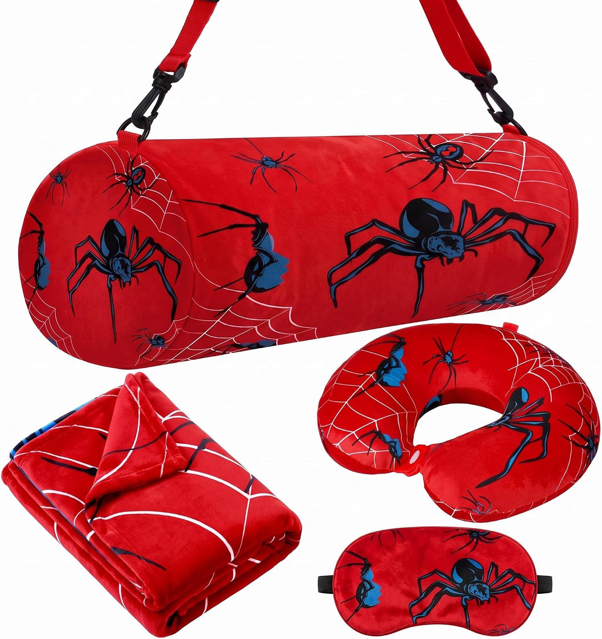 Moukeren 4 Pcs Spider Web Travel Pillow and Blanket Set