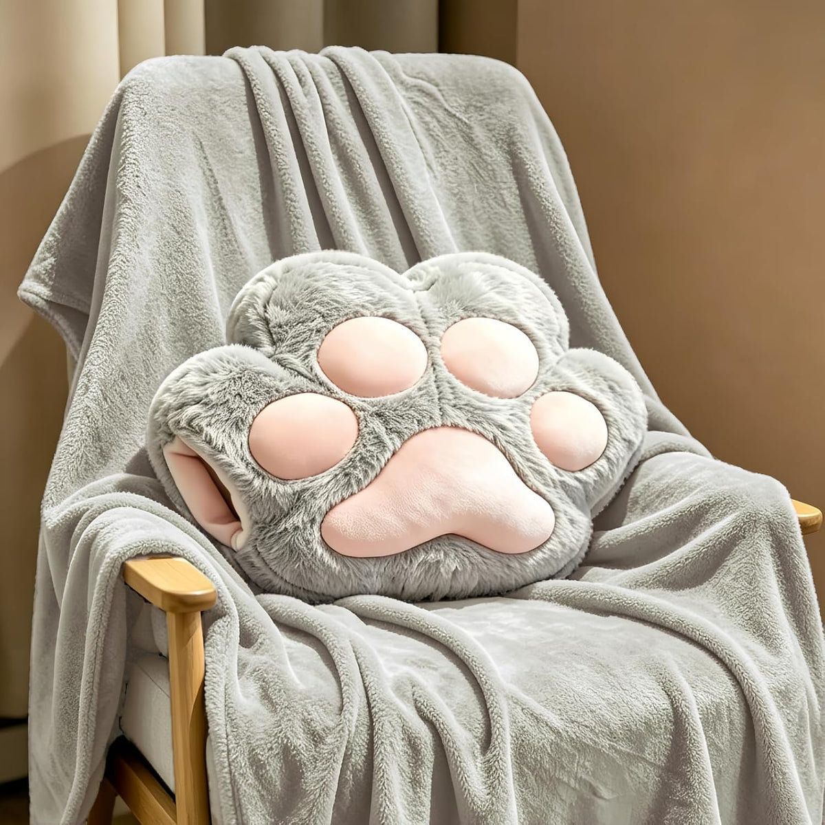 RYOLOY Cat Paw Warm Hand Pillow,with 66 * 35Inch Travel Blanket,2 in 1 Travel Pillow and Blanket Set,for Car Office Camping Essentials (Grey)