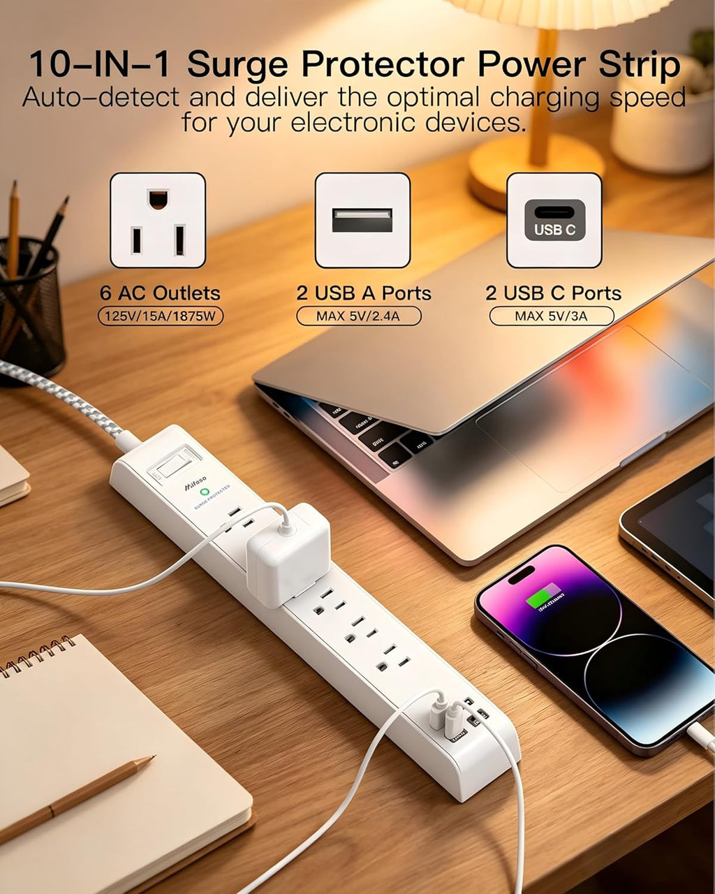 Surge Protector Power Strip 5FT, 10-in-1 with 6 AC Outlets 4 USB Ports(2 USB-C), Ultra Flat Plug Braided Extension Cord, Wall Mountable, 1080J Surge Protection, ETL Listed, White