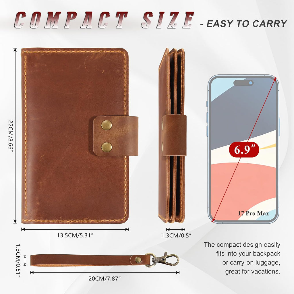 Handmade Genuine Leather Family Passport Holder | Travel Document Organizer Holds 4 Passports | Vintage Wristlet Wallet with Credit Card Slots (Brown)