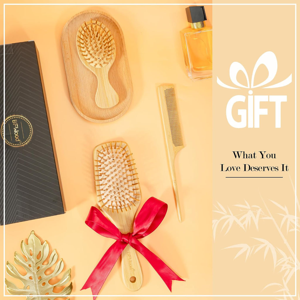 BFWood Bamboo Hair Brush Set, Wooden Detangling Hairbrush for Travel