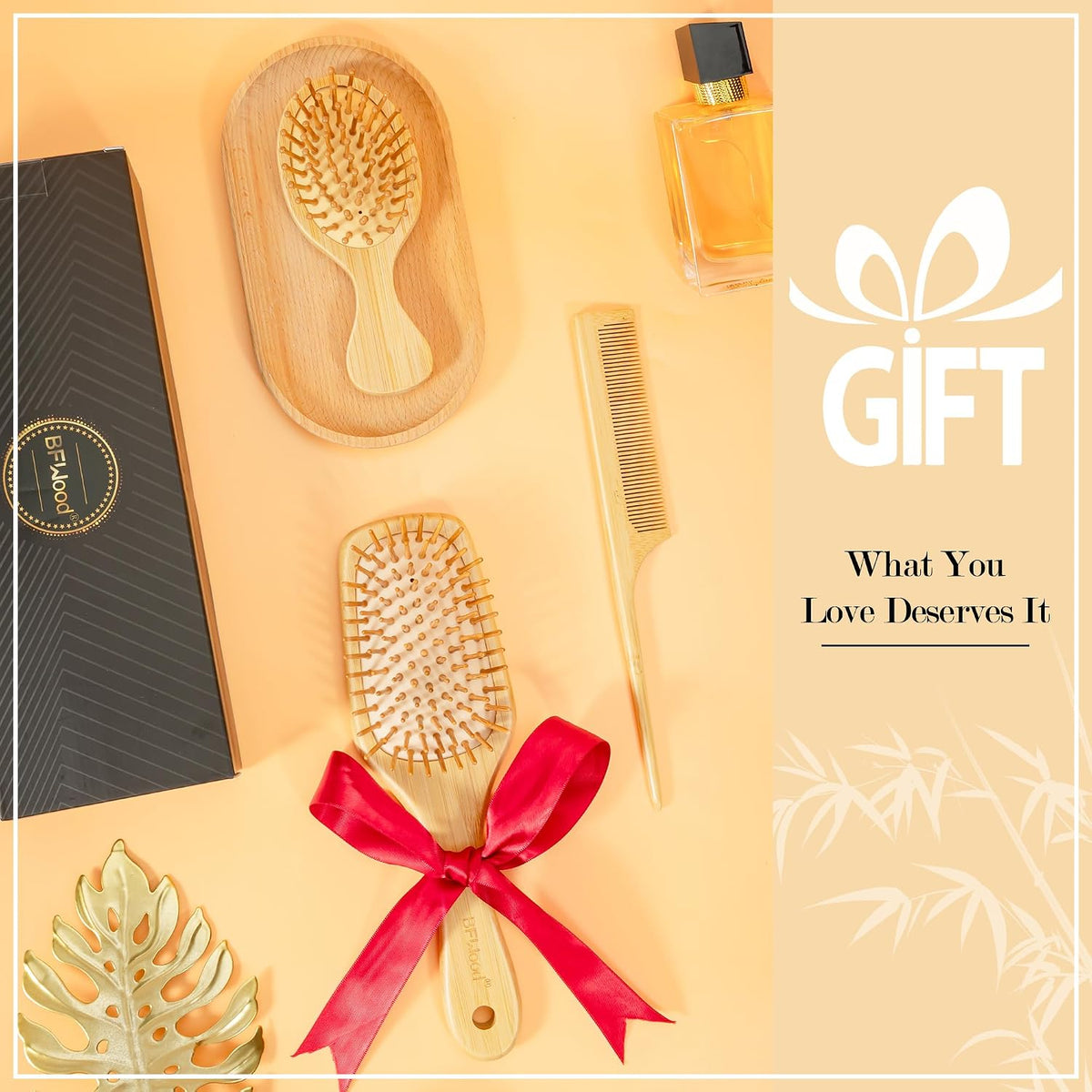 BFWood Bamboo Hair Brush Set, Wooden Detangling Hairbrush for Travel