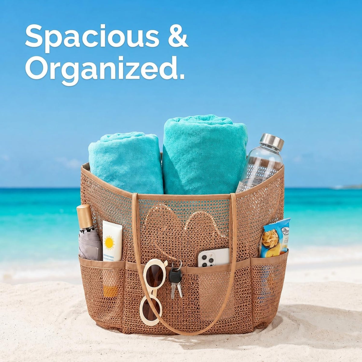 Tan Foldable Mesh Beach Tote for Women, 5‑Pocket Sand‑Proof Travel Bag