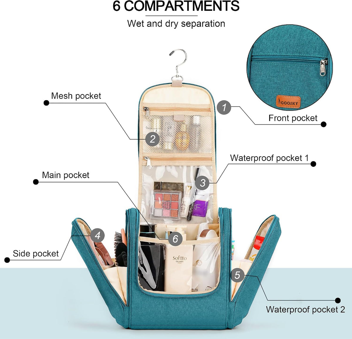 Travel Hanging Toiletry Bag for Women and Men, 6 Organizer Compartments, Holds Full Size Bottles, Extra Large Cosmetic Accessories, Makeup essentials, Bathroom Water-resistant Toiletries Bag, Blue